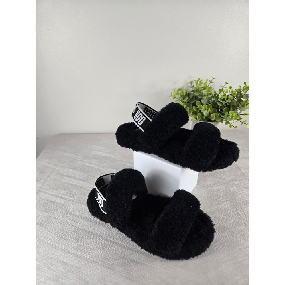 UGG Fluff Yeah Black Sheepskin Slide Sandals Kids Size 1 Elastic Logo Strap
